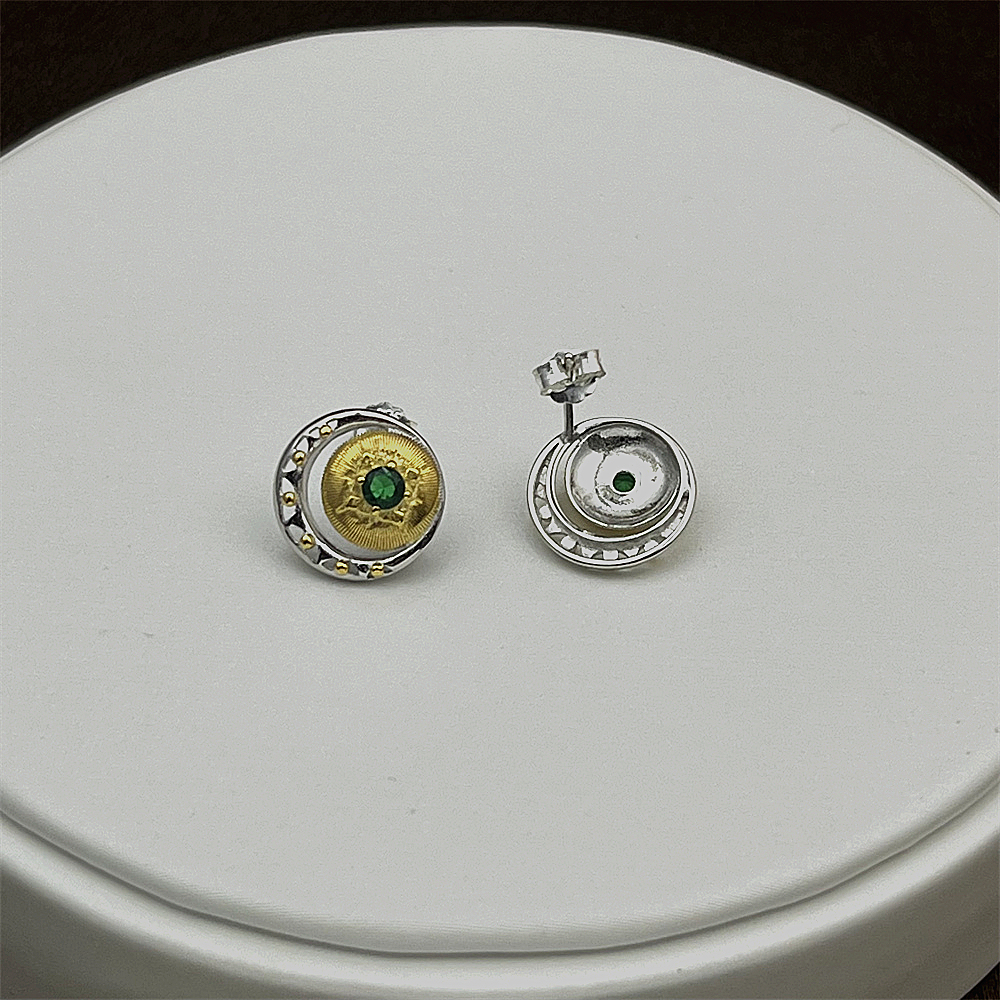 S925 Sterling Silver Crescent Moon Stud Earrings with Brushed Gold Accent - Minimalist Earrings