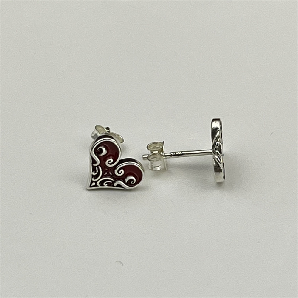 S925 Sterling Silver Black and Red Heart Stud Earrings - Minimalist Vintage Design