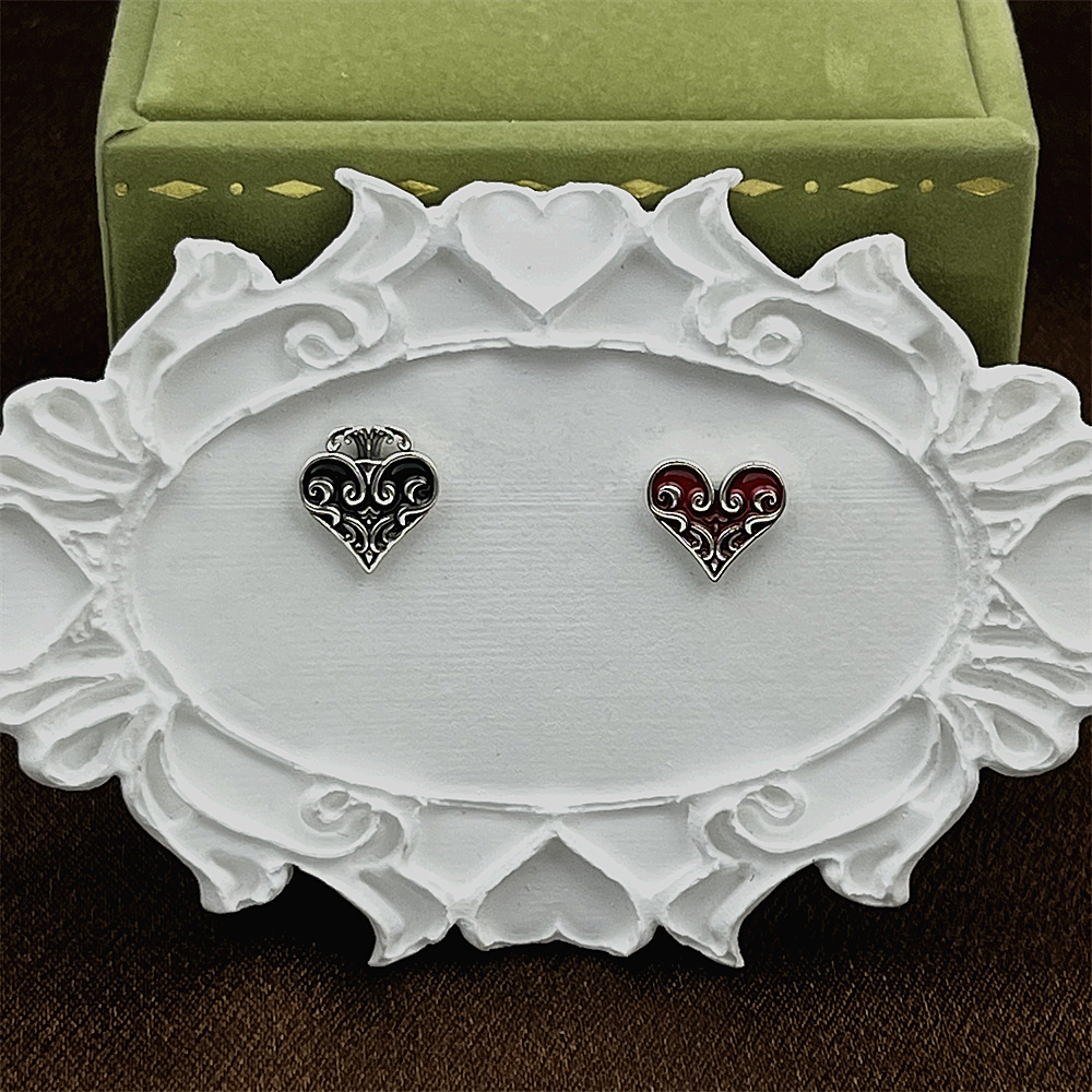 S925 Sterling Silver Black and Red Heart Stud Earrings - Minimalist Vintage Design