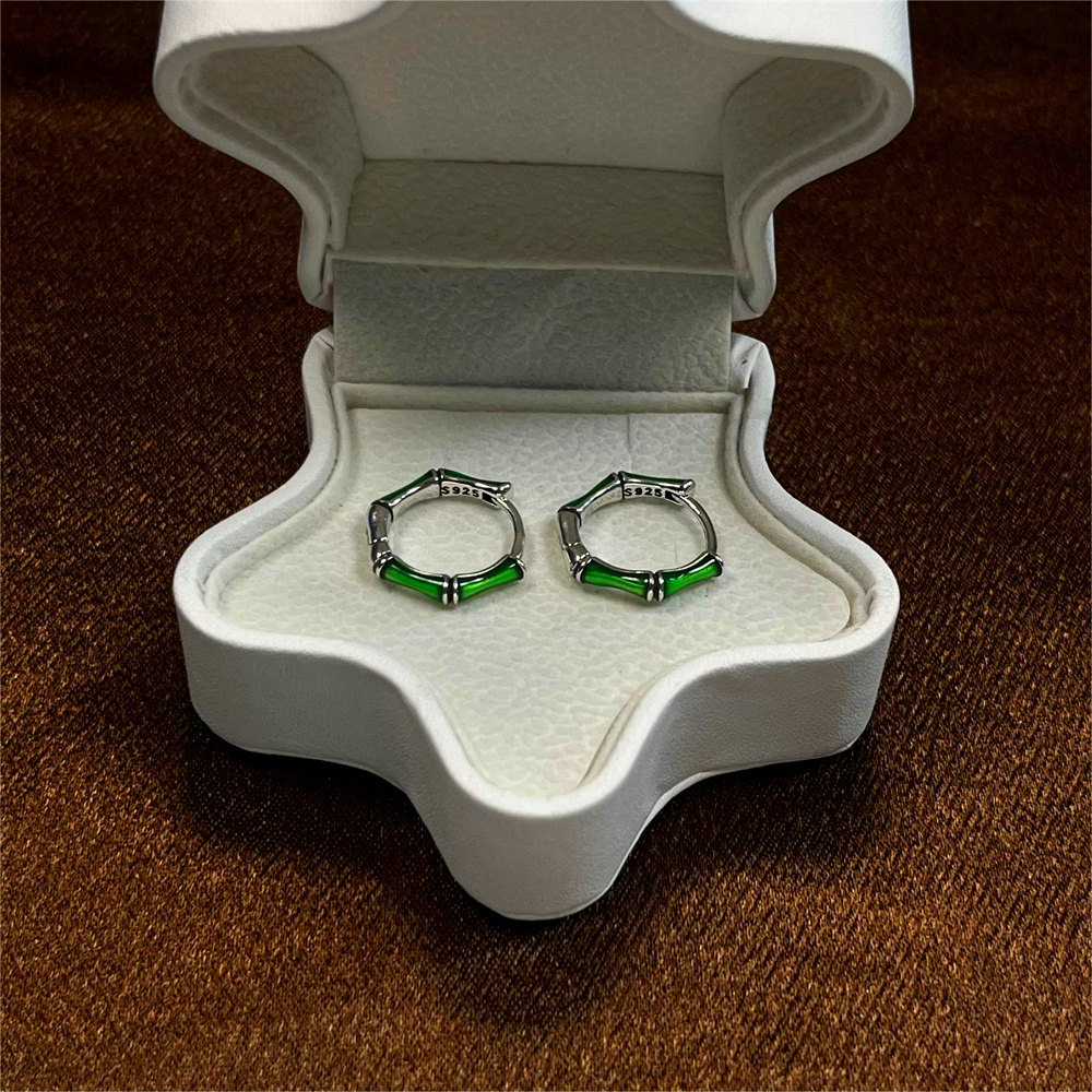 S925 Sterling Silver Green Enamel Bamboo Hoop Earrings - Minimalist Chic Ear Cuffs for Women
