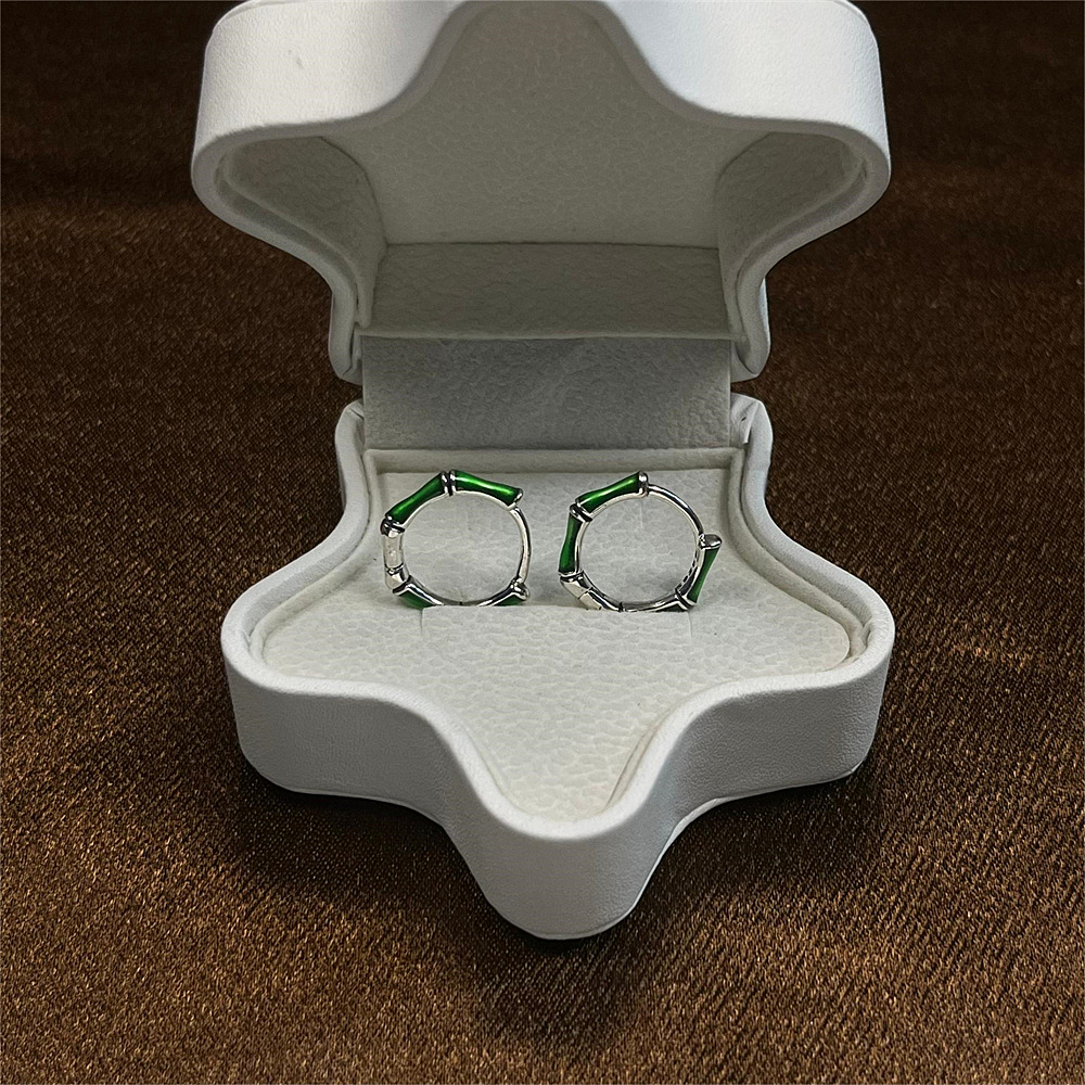 S925 Sterling Silver Green Enamel Bamboo Hoop Earrings - Minimalist Chic Ear Cuffs for Women