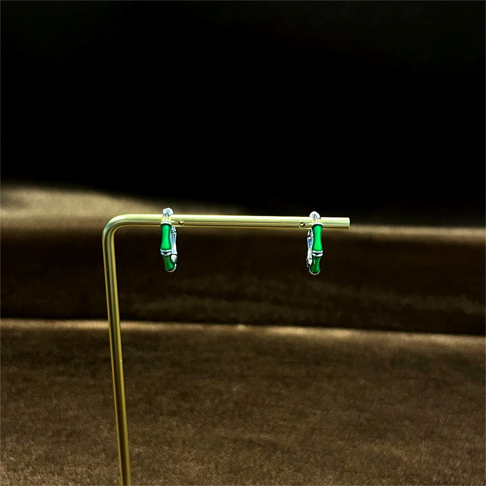S925 Sterling Silver Green Enamel Bamboo Hoop Earrings - Minimalist Chic Ear Cuffs for Women