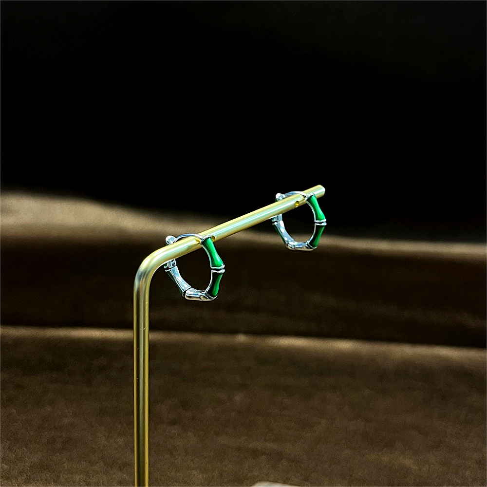 S925 Sterling Silver Green Enamel Bamboo Hoop Earrings - Minimalist Chic Ear Cuffs for Women