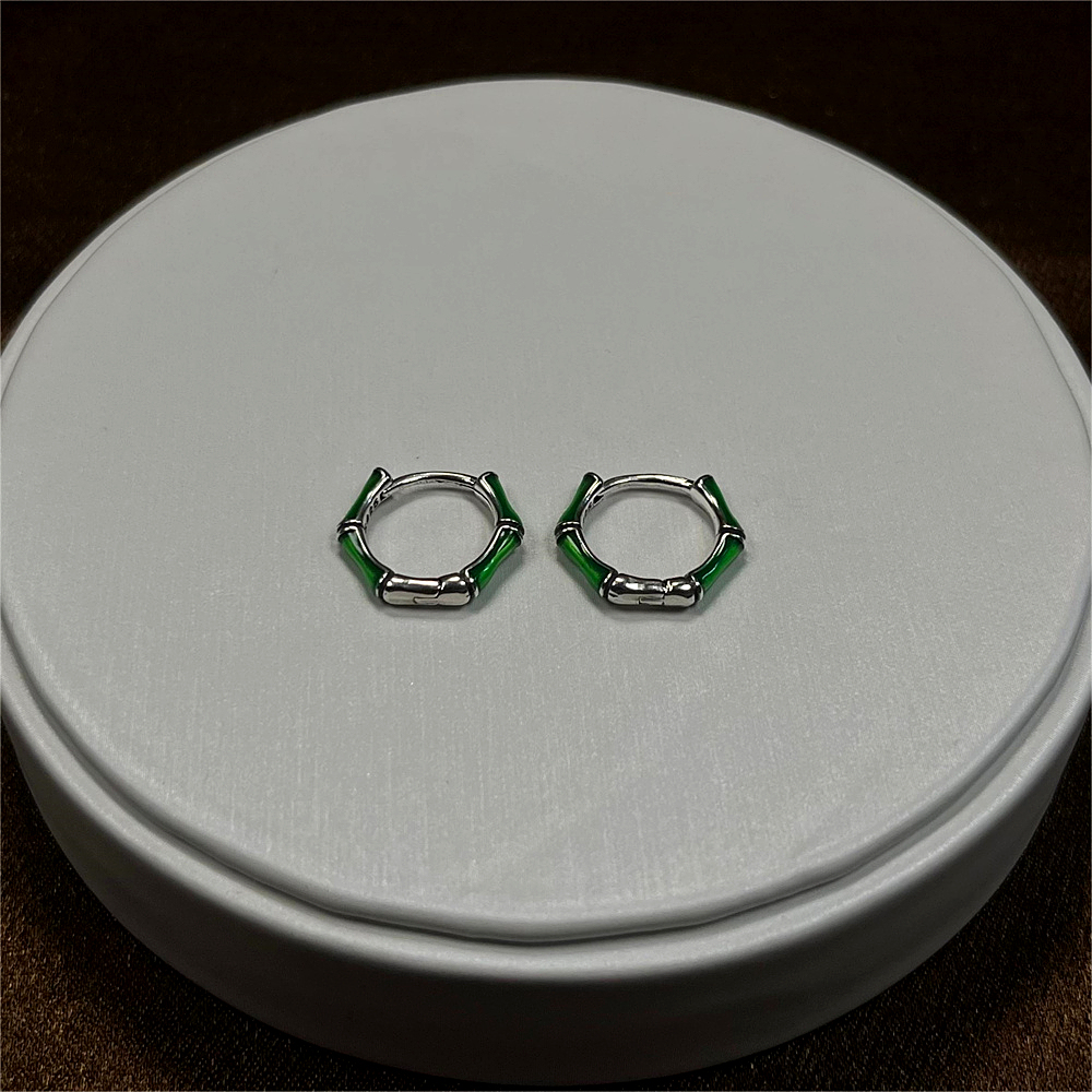 S925 Sterling Silver Green Enamel Bamboo Hoop Earrings - Minimalist Chic Ear Cuffs for Women