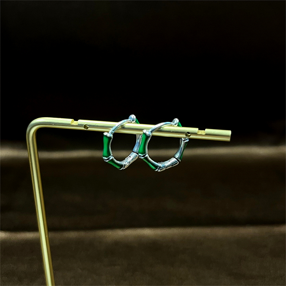 S925 Sterling Silver Green Enamel Bamboo Hoop Earrings - Minimalist Chic Ear Cuffs for Women