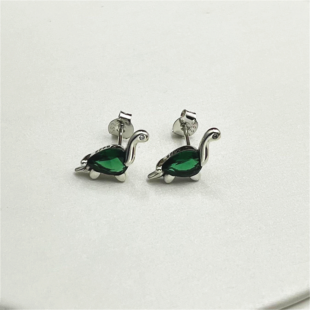 925 Sterling Silver Green Dinosaur Stud Earrings