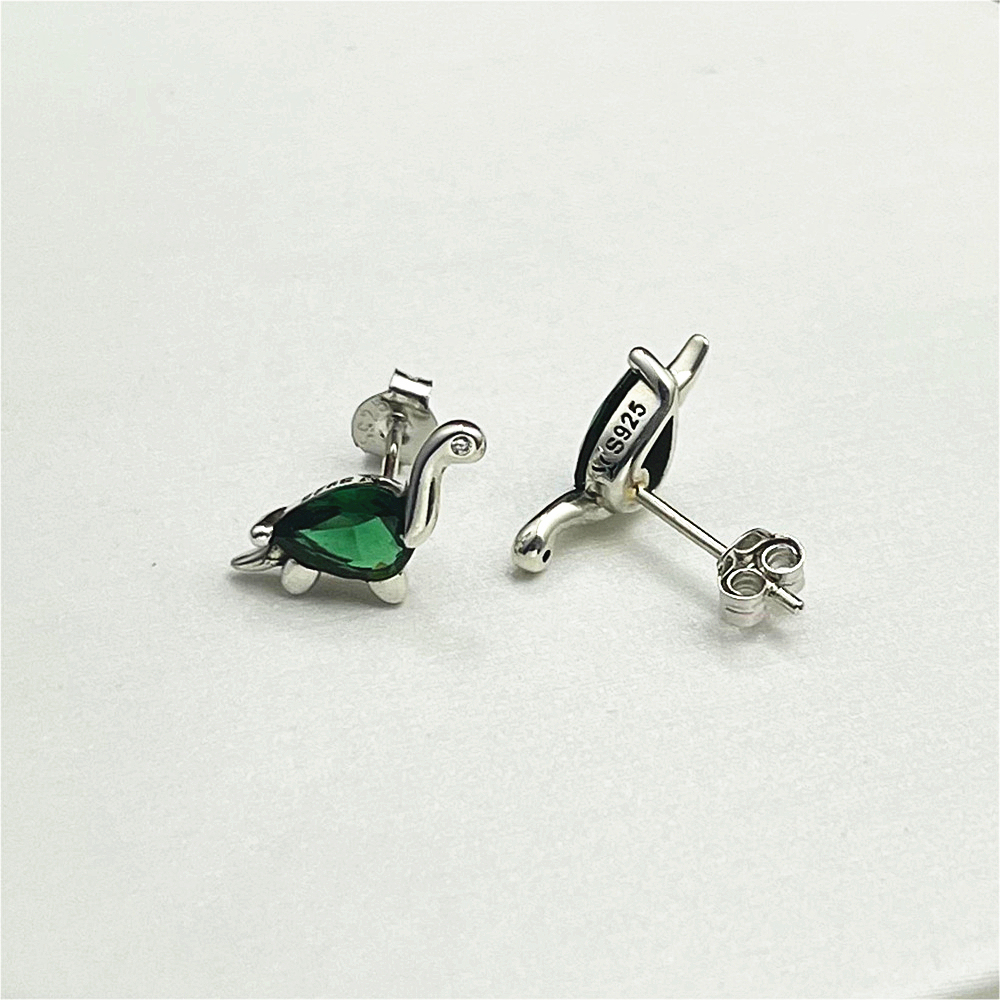 925 Sterling Silver Green Dinosaur Stud Earrings
