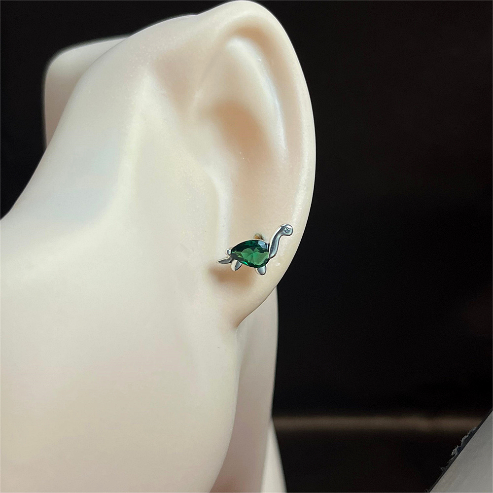925 Sterling Silver Green Dinosaur Stud Earrings