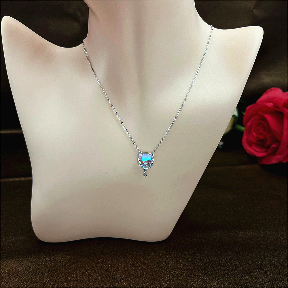 S925 Sterling Silver Moon Hugging Cat Necklace, Cute Cat Collarbone Chain, Dainty Silver Cat Pendant