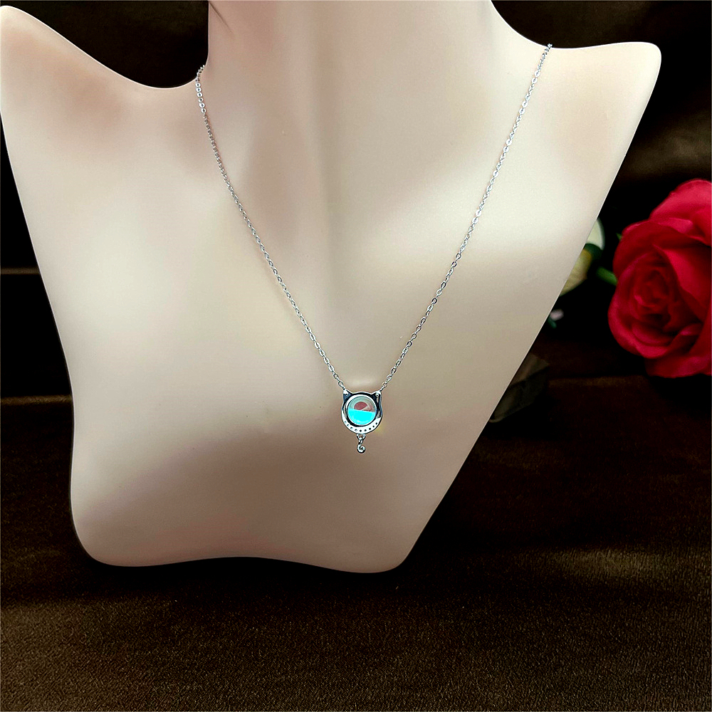 S925 Sterling Silver Moon Hugging Cat Necklace, Cute Cat Collarbone Chain, Dainty Silver Cat Pendant