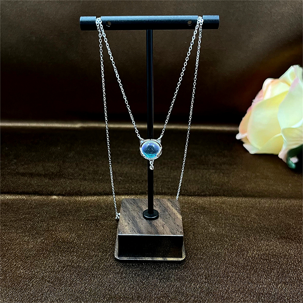 S925 Sterling Silver Moon Hugging Cat Necklace, Cute Cat Collarbone Chain, Dainty Silver Cat Pendant