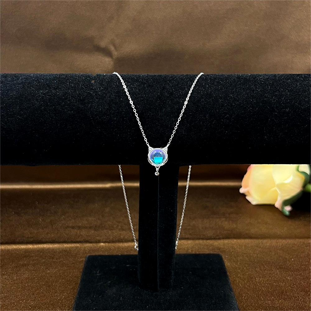 S925 Sterling Silver Moon Hugging Cat Necklace, Cute Cat Collarbone Chain, Dainty Silver Cat Pendant