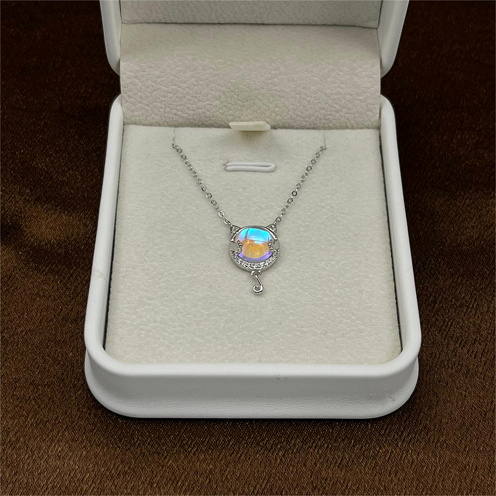 S925 Sterling Silver Moon Hugging Cat Necklace, Cute Cat Collarbone Chain, Dainty Silver Cat Pendant