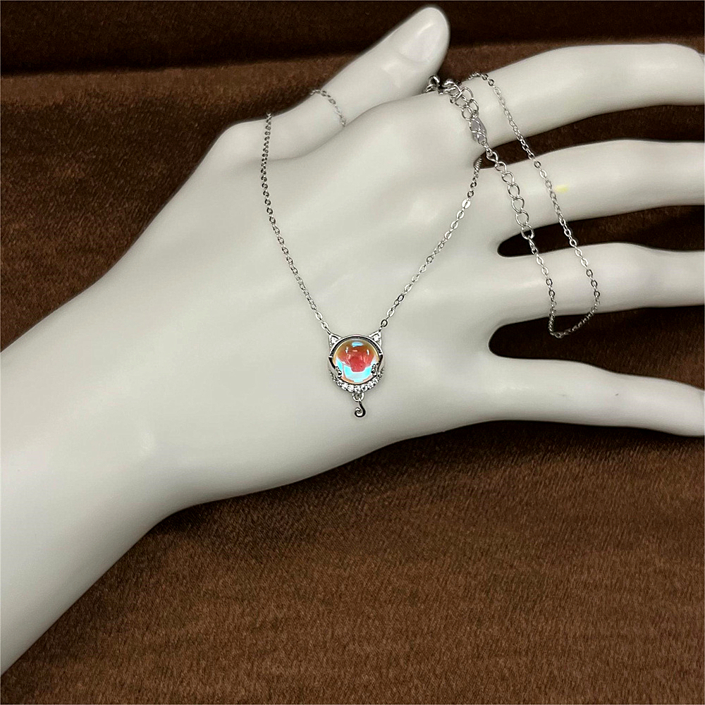 S925 Sterling Silver Moon Hugging Cat Necklace, Cute Cat Collarbone Chain, Dainty Silver Cat Pendant