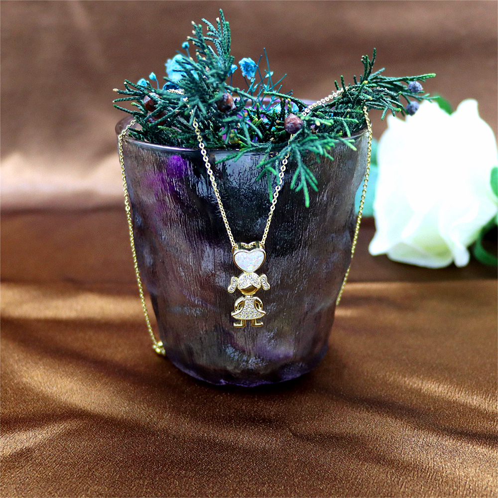 Opal Copper Gold-Plated Love Girl Pendant Necklace for Couples – Unique Collarbone Chain