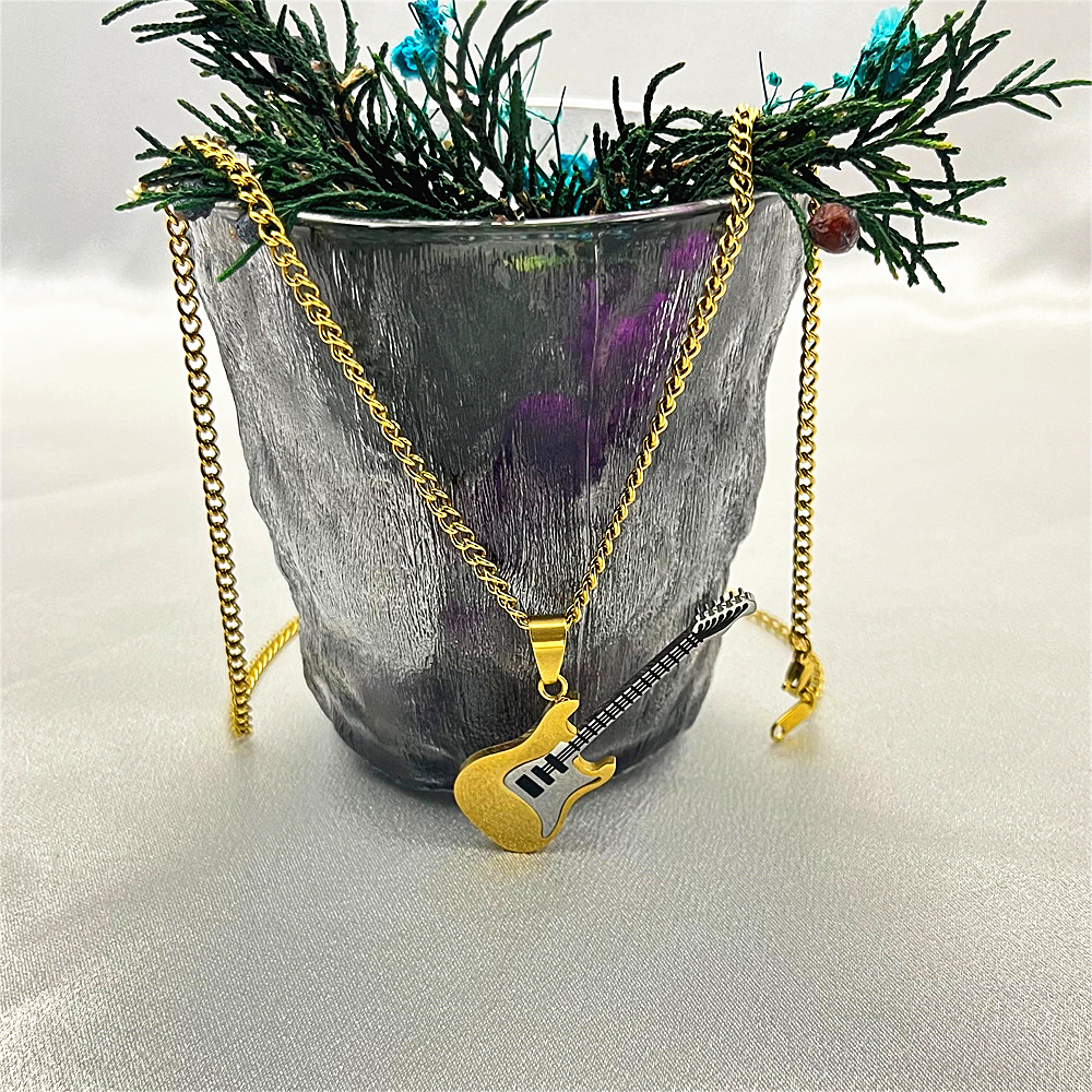 Titanium Steel Guitar Pendant Necklace for Men - Unique Musical Instrument Jewelry