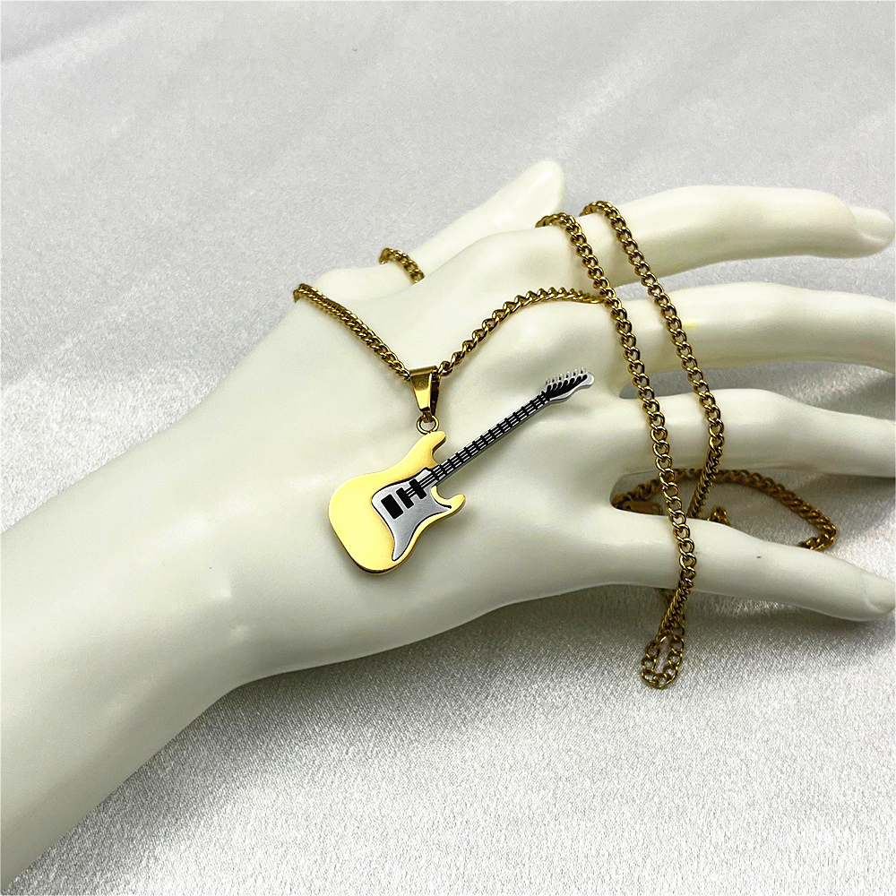 Titanium Steel Guitar Pendant Necklace for Men - Unique Musical Instrument Jewelry
