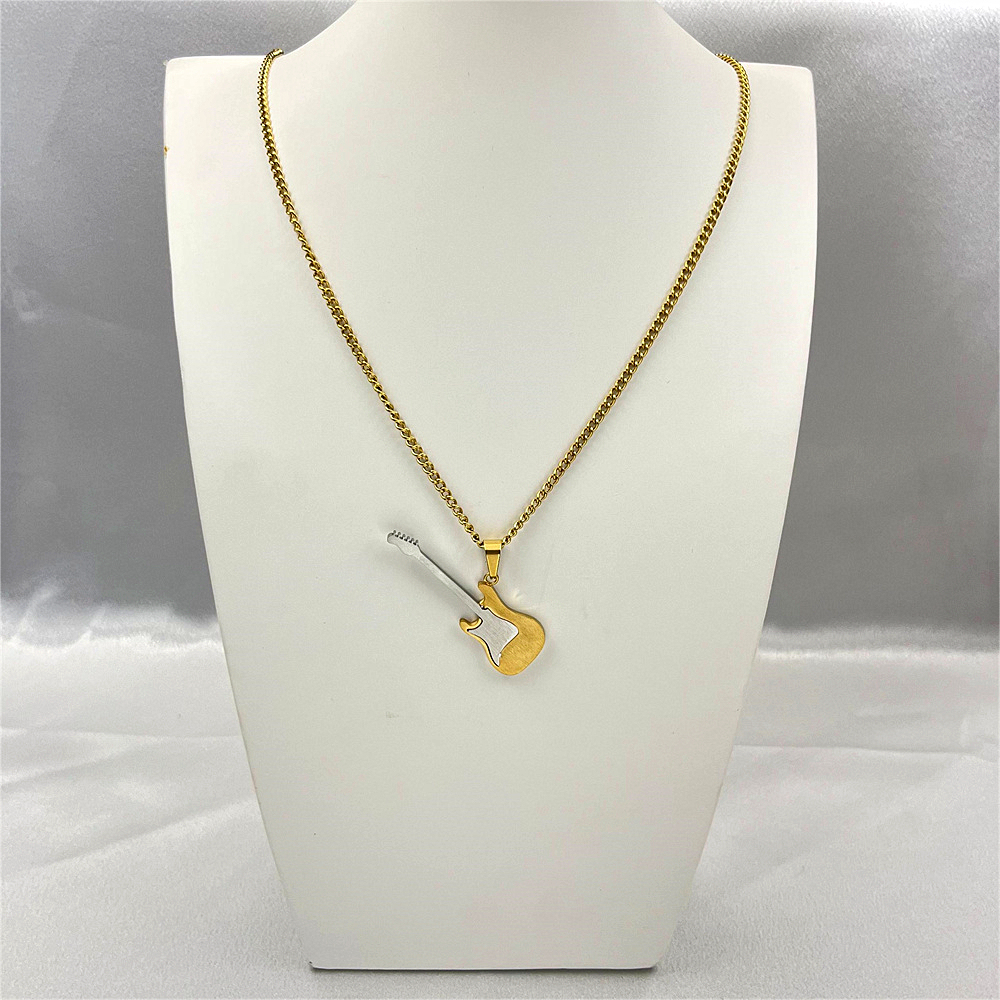 Titanium Steel Guitar Pendant Necklace for Men - Unique Musical Instrument Jewelry