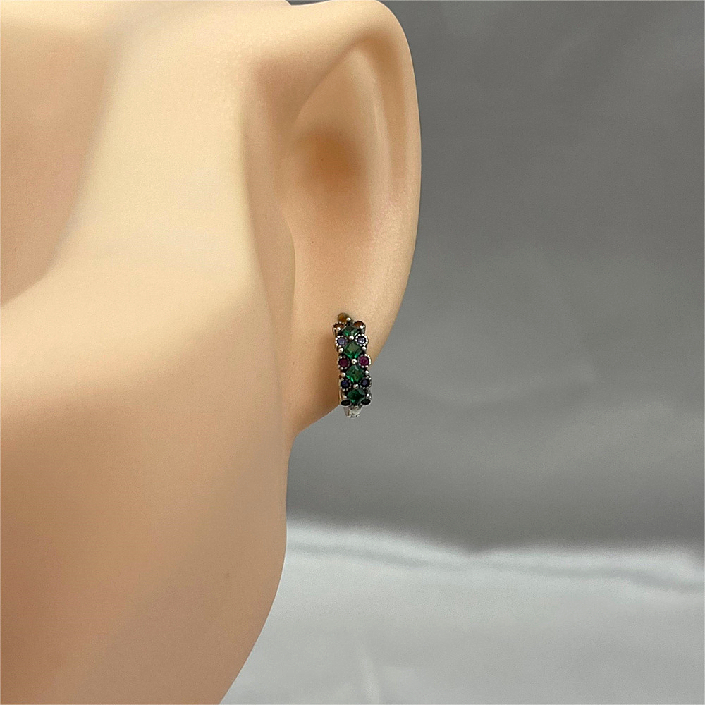 S925 Sterling Silver Hoop Earrings with Green Cubic Zirconia - Minimalist Floral Earrings