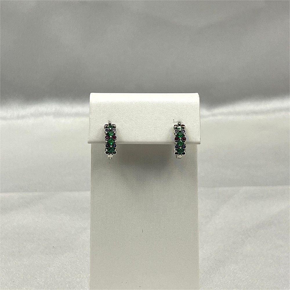 S925 Sterling Silver Hoop Earrings with Green Cubic Zirconia - Minimalist Floral Earrings