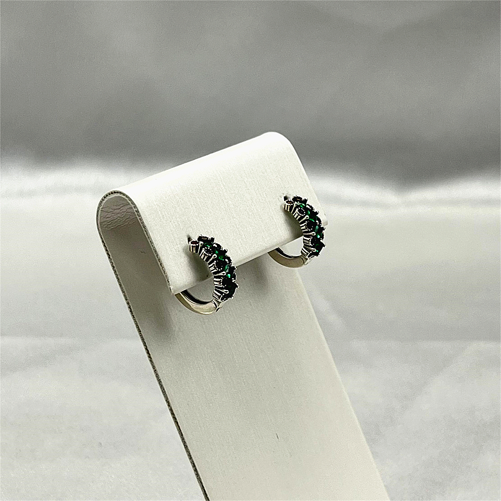 S925 Sterling Silver Hoop Earrings with Green Cubic Zirconia - Minimalist Floral Earrings
