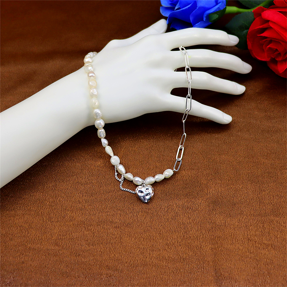 925 Sterling Silver Baroque Pearl Heart Link Chain Necklace