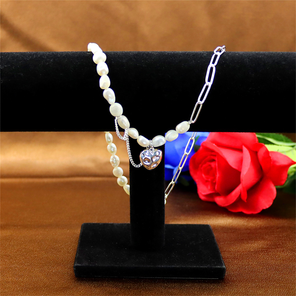 925 Sterling Silver Baroque Pearl Heart Link Chain Necklace