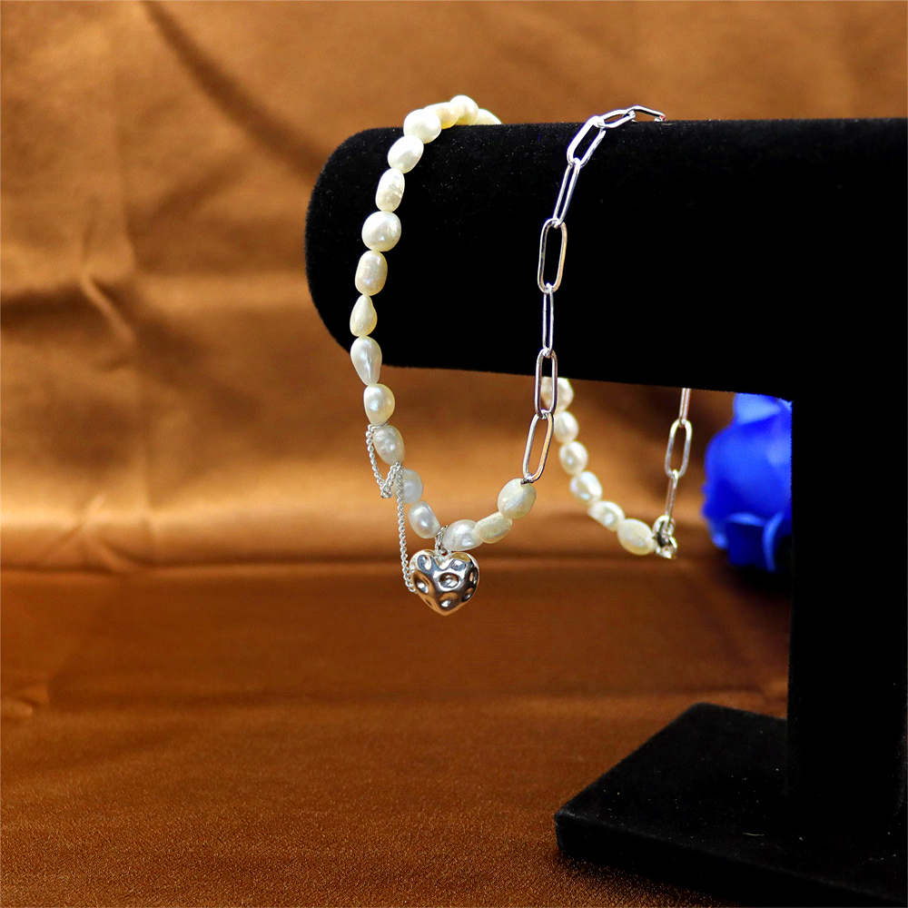 925 Sterling Silver Baroque Pearl Heart Link Chain Necklace