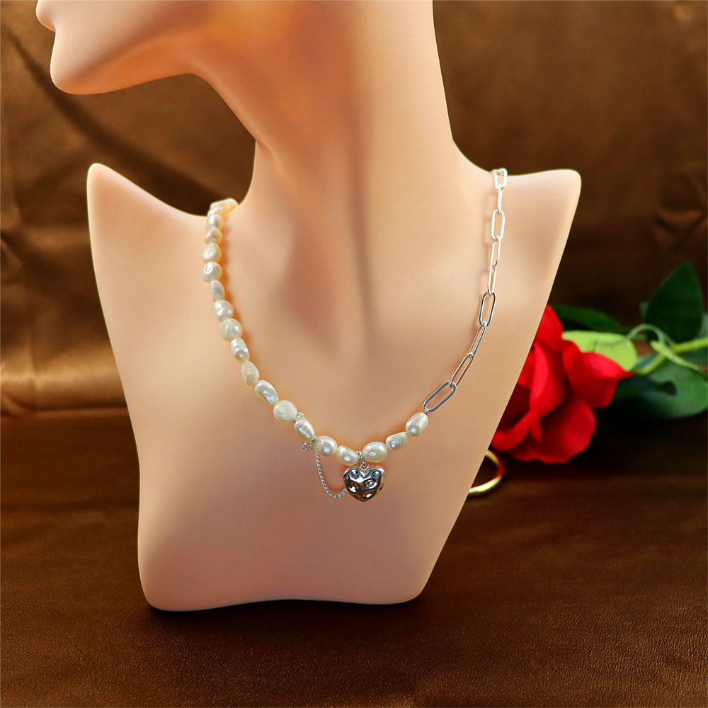 925 Sterling Silver Baroque Pearl Heart Link Chain Necklace