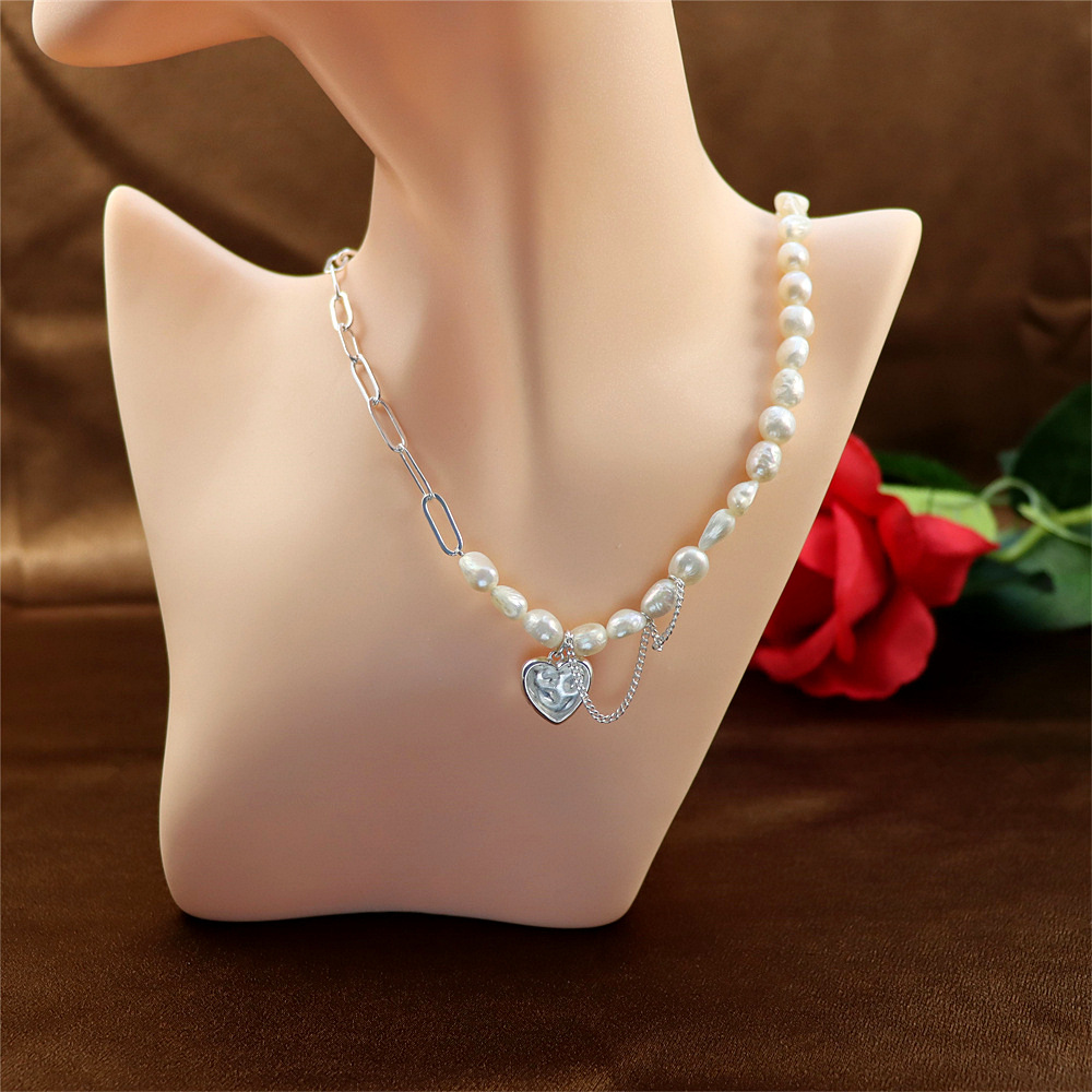 925 Sterling Silver Baroque Pearl Heart Link Chain Necklace