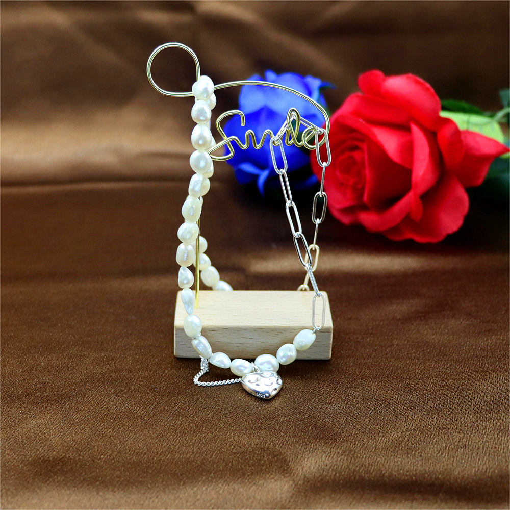 925 Sterling Silver Baroque Pearl Heart Link Chain Necklace