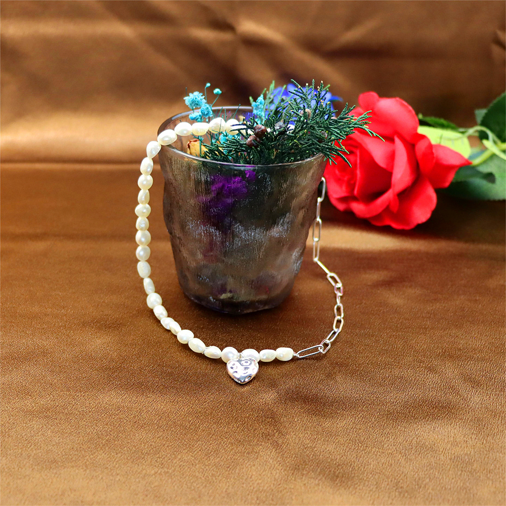 925 Sterling Silver Baroque Pearl Heart Link Chain Necklace