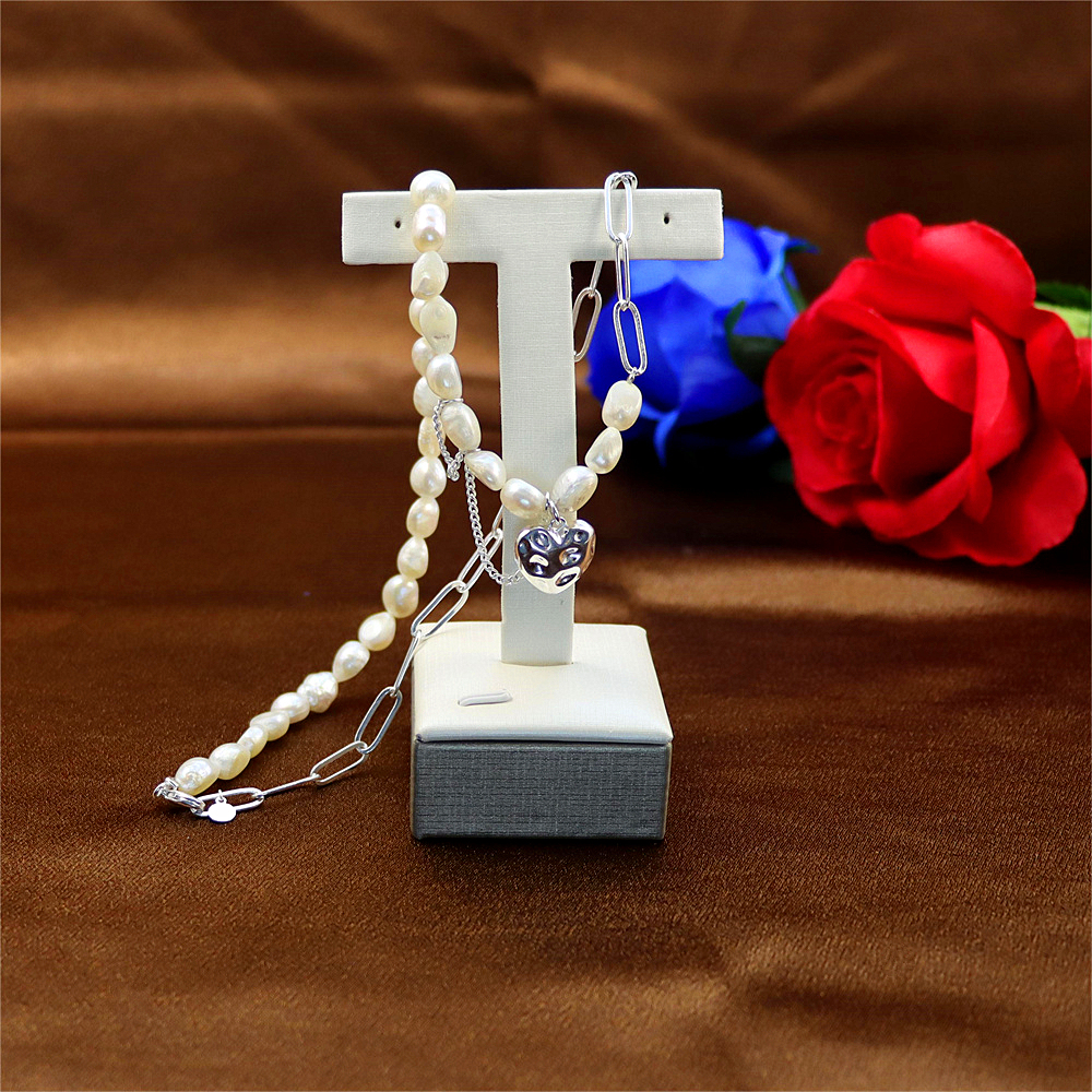925 Sterling Silver Baroque Pearl Heart Link Chain Necklace