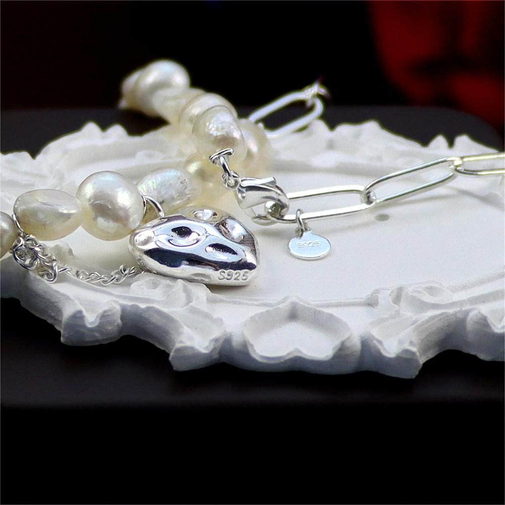 925 Sterling Silver Baroque Pearl Heart Link Chain Necklace