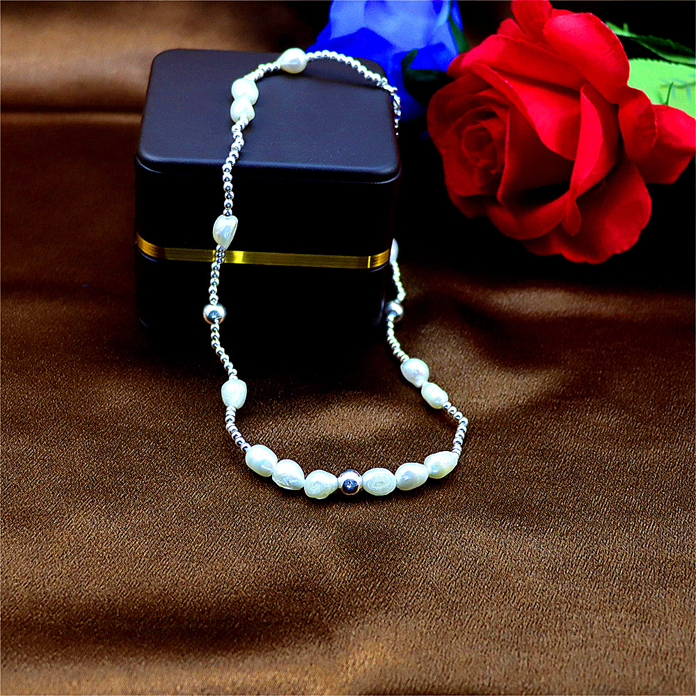 S925 Sterling Silver Baroque Pearl Necklace for Women - Silver Bead Sweater Chain