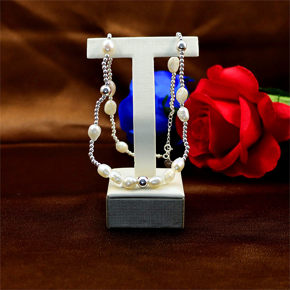 S925 Sterling Silver Baroque Pearl Necklace for Women - Silver Bead Sweater Chain