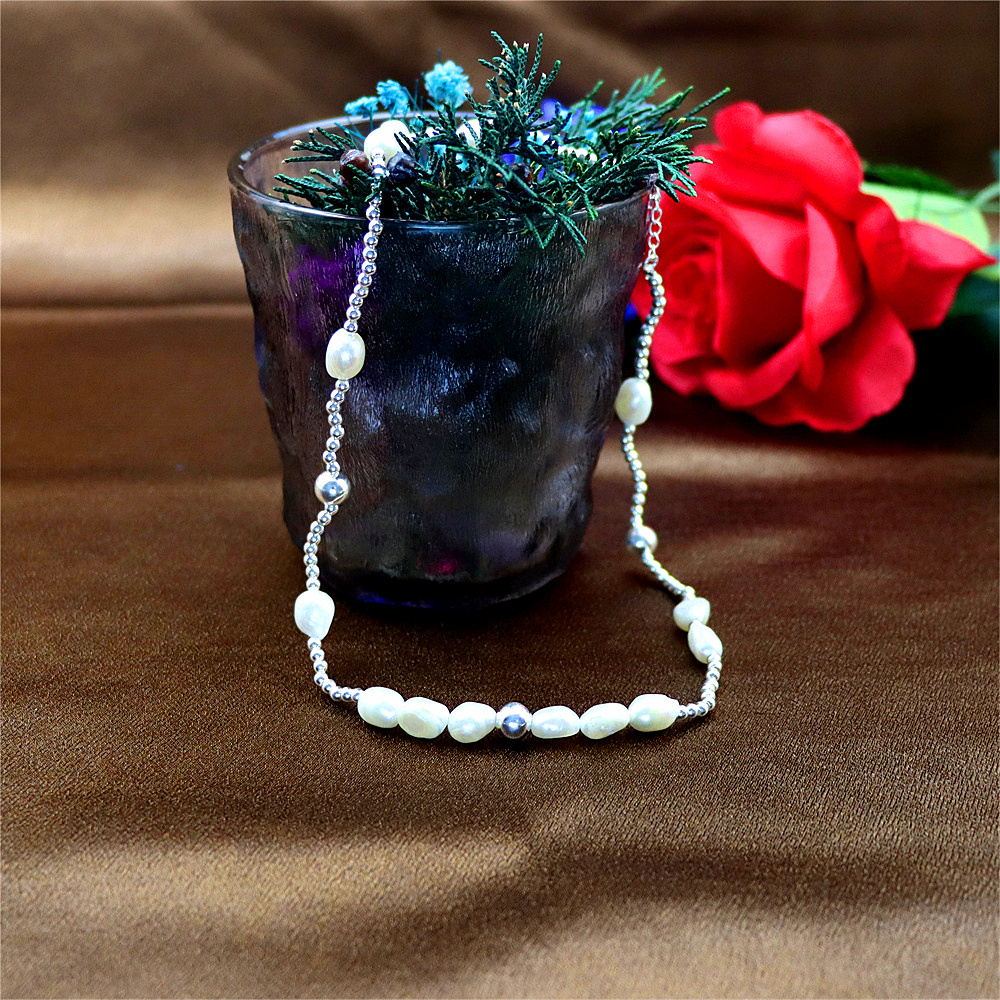 S925 Sterling Silver Baroque Pearl Necklace for Women - Silver Bead Sweater Chain