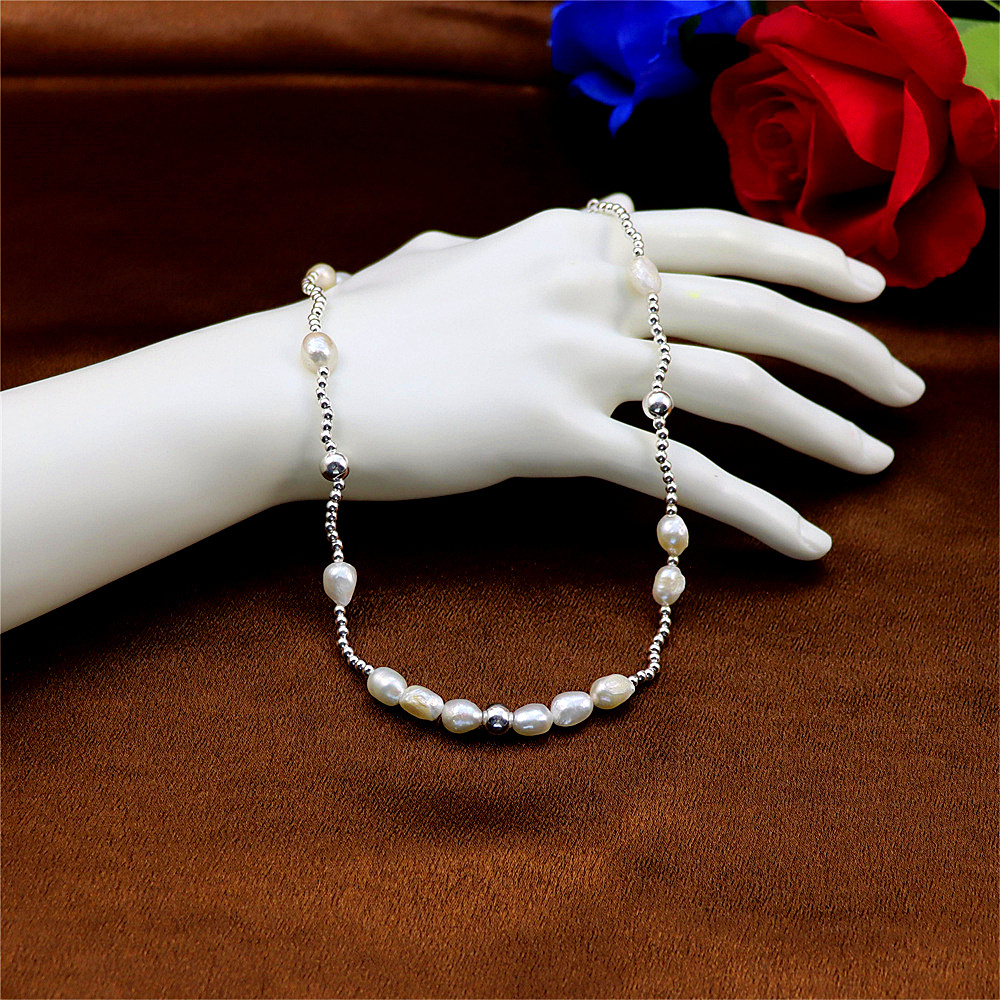 S925 Sterling Silver Baroque Pearl Necklace for Women - Silver Bead Sweater Chain