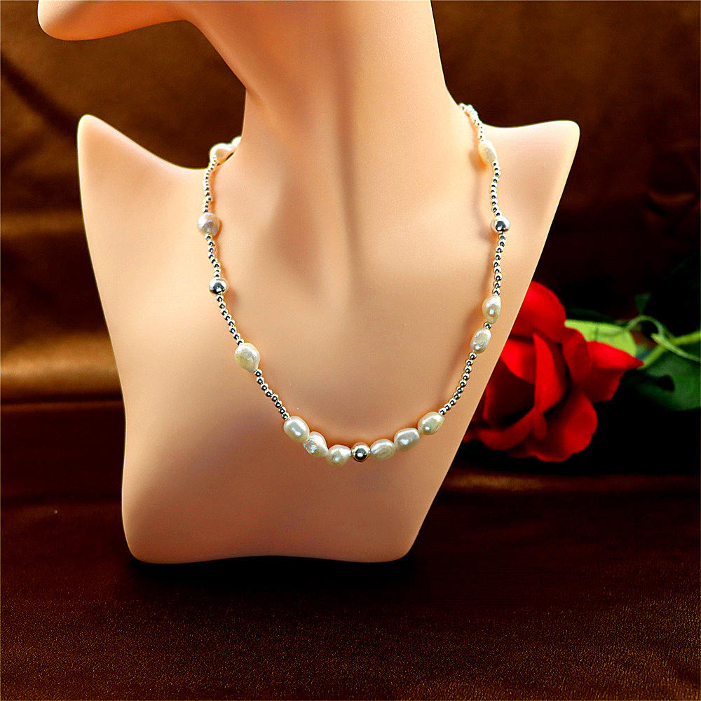 S925 Sterling Silver Baroque Pearl Necklace for Women - Silver Bead Sweater Chain