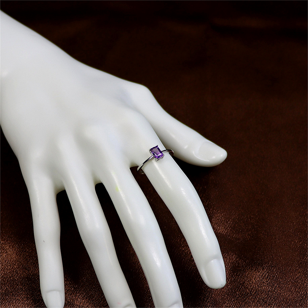 Emerald Cut Amethyst Ring in Sterling Silver, Natural Amethyst Stone Ring, Stacking Rings