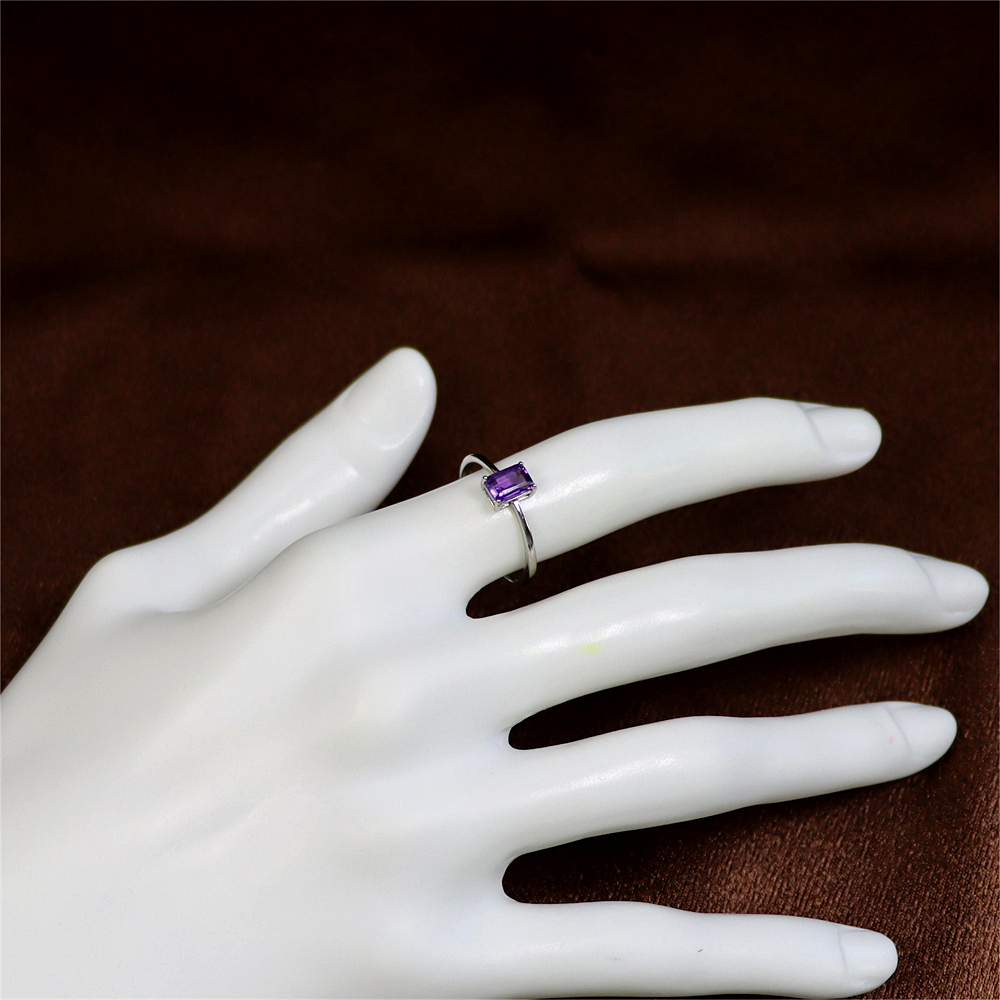 Emerald Cut Amethyst Ring in Sterling Silver, Natural Amethyst Stone Ring, Stacking Rings