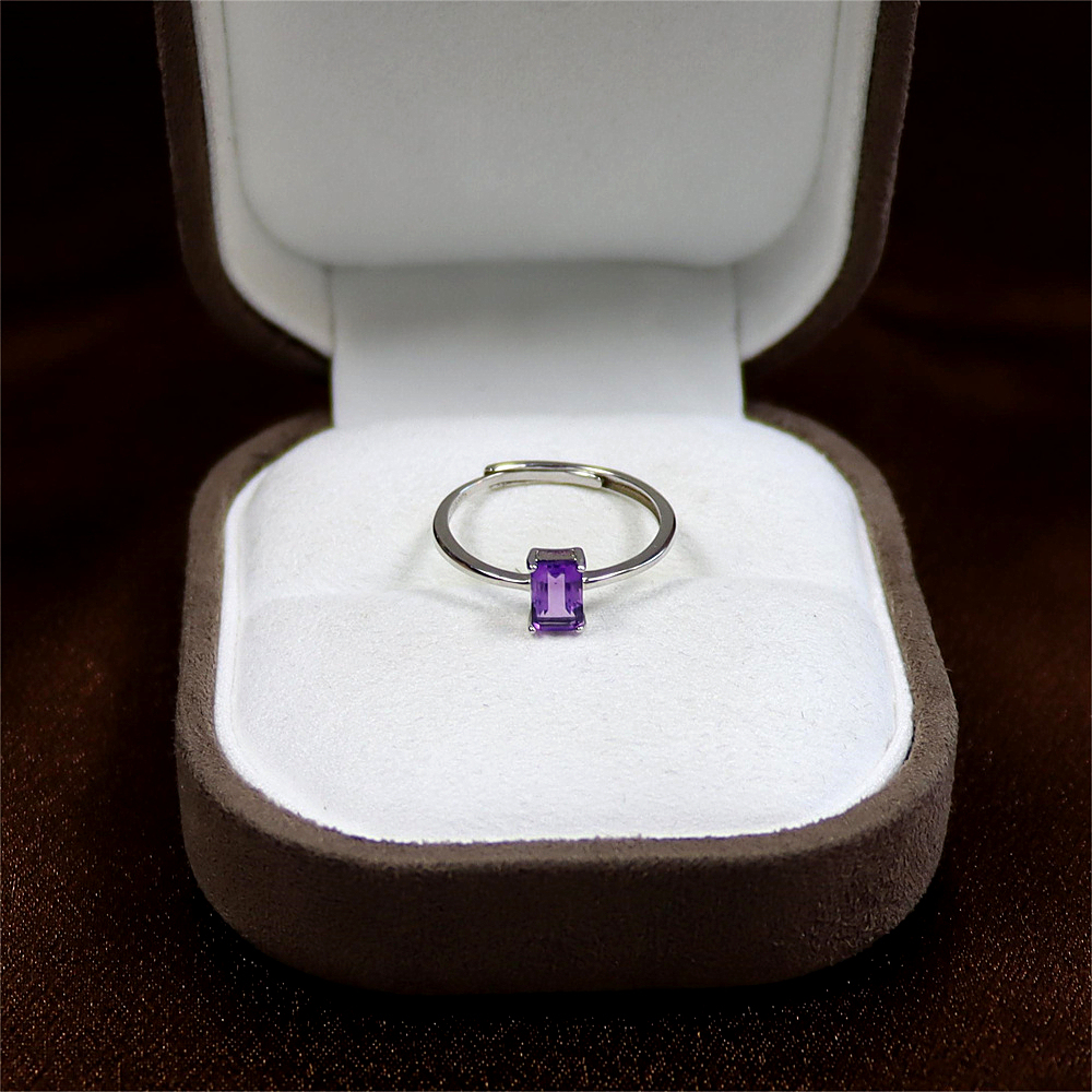 Emerald Cut Amethyst Ring in Sterling Silver, Natural Amethyst Stone Ring, Stacking Rings