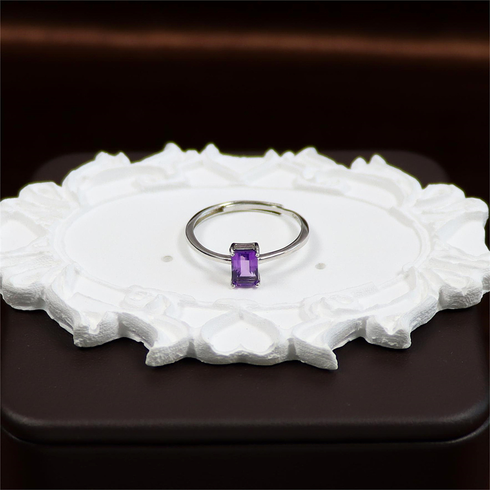 Emerald Cut Amethyst Ring in Sterling Silver, Natural Amethyst Stone Ring, Stacking Rings