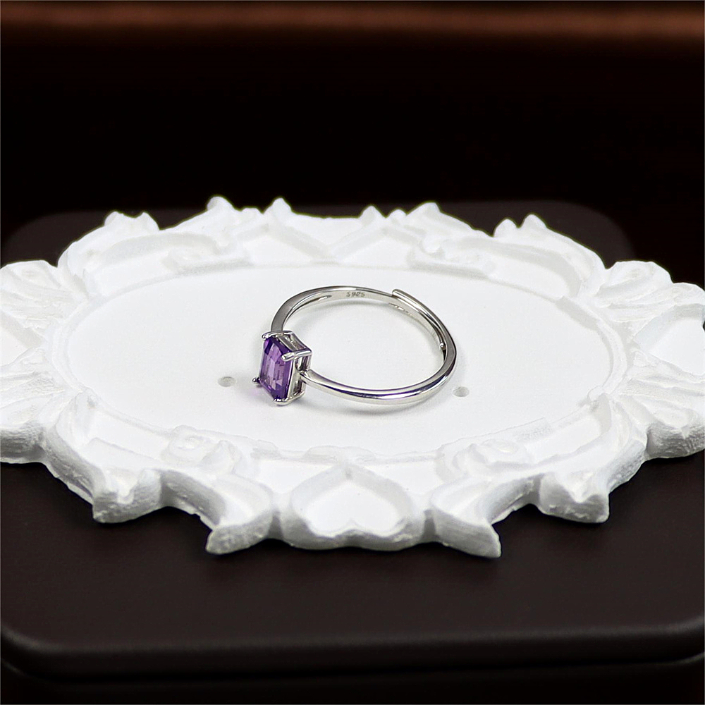 Emerald Cut Amethyst Ring in Sterling Silver, Natural Amethyst Stone Ring, Stacking Rings