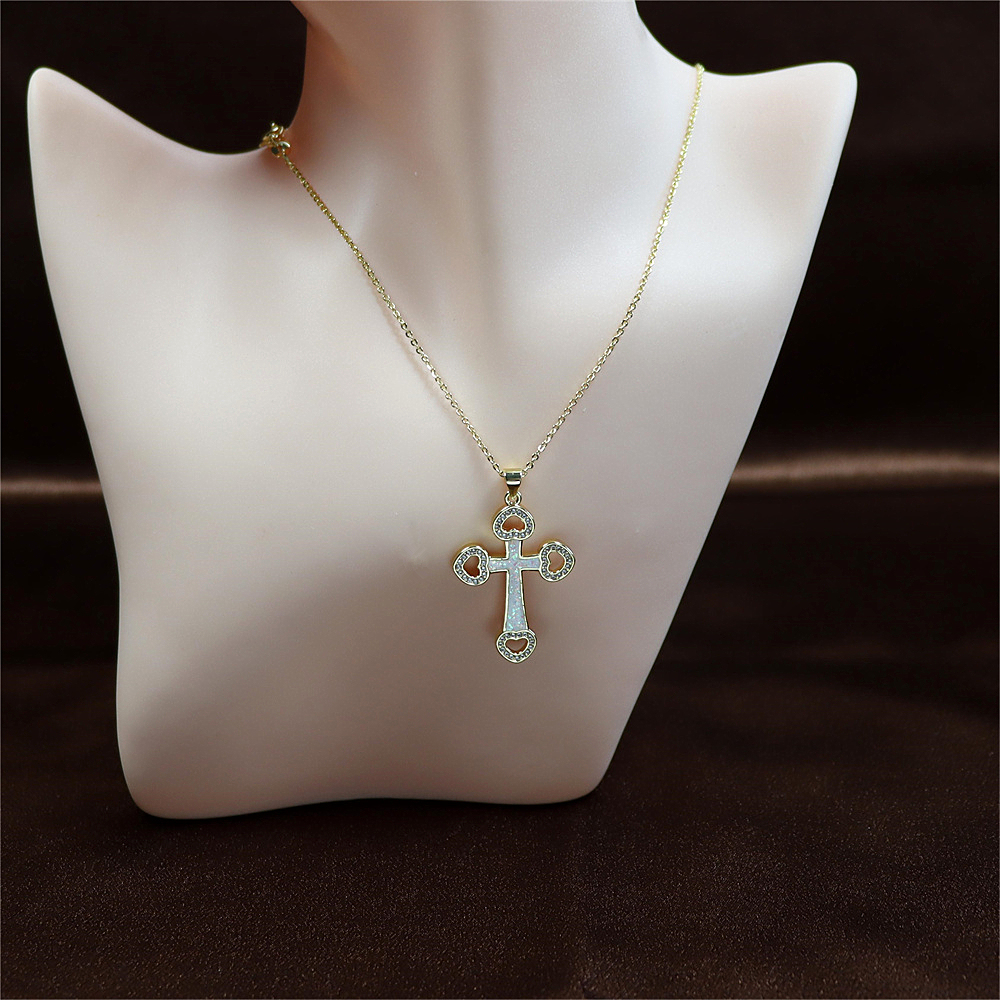 Opal Copper Gold-Plated Cross Pendant Necklace with Collarbone Chain – Unique and Stylish