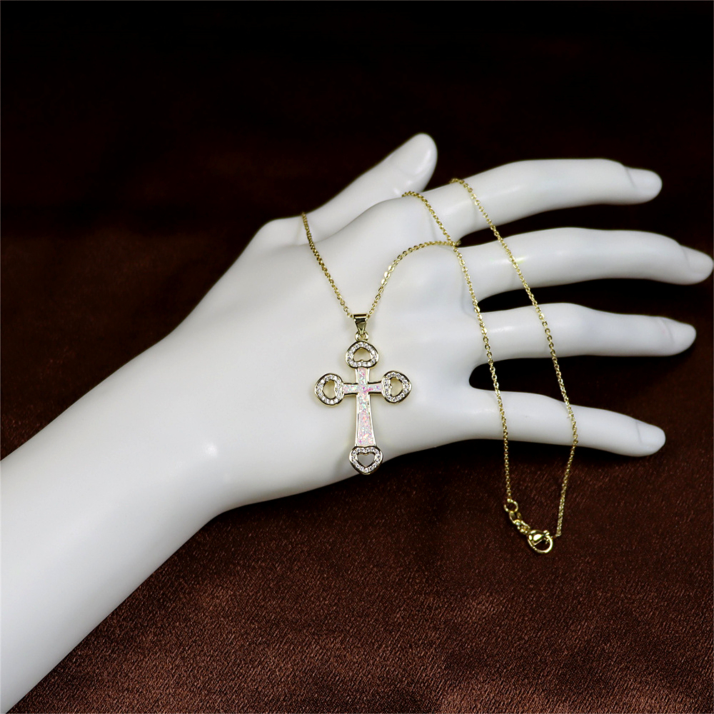 Opal Copper Gold-Plated Cross Pendant Necklace with Collarbone Chain – Unique and Stylish