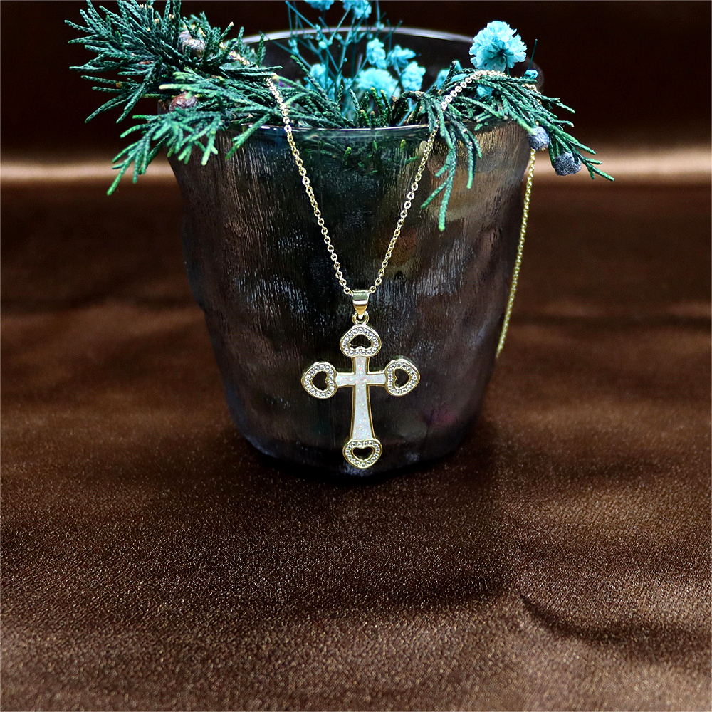 Opal Copper Gold-Plated Cross Pendant Necklace with Collarbone Chain – Unique and Stylish
