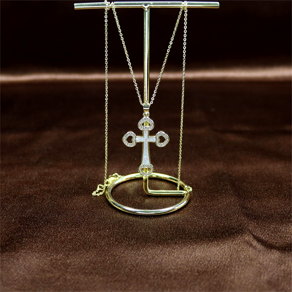 Opal Copper Gold-Plated Cross Pendant Necklace with Collarbone Chain – Unique and Stylish