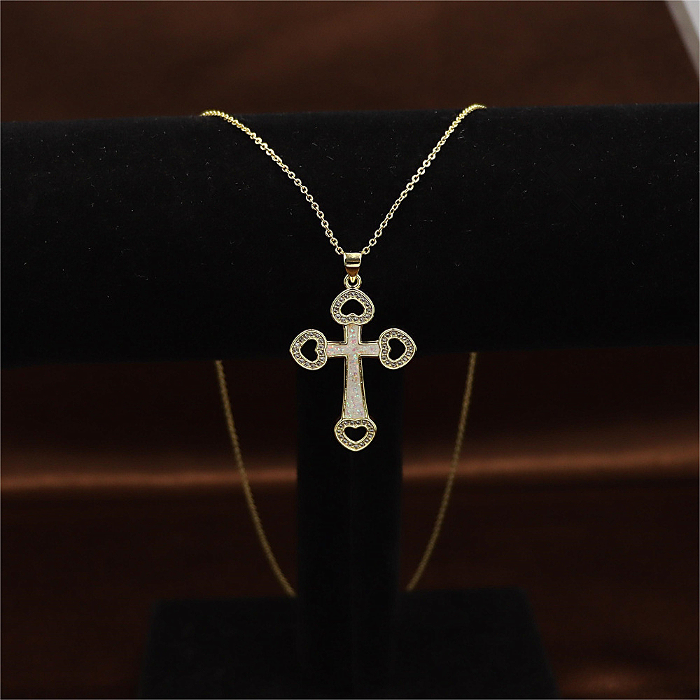 Opal Copper Gold-Plated Cross Pendant Necklace with Collarbone Chain – Unique and Stylish