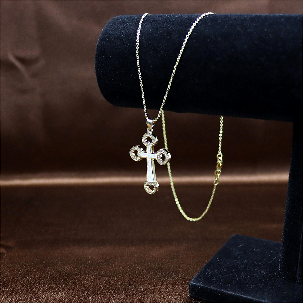 Opal Copper Gold-Plated Cross Pendant Necklace with Collarbone Chain – Unique and Stylish